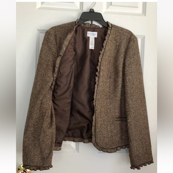 VILLAGER By LIZ CLAIBORNE Brown Blazer Jacket Women's Size 16 Open Front Ruffle - Picture 6 of 12